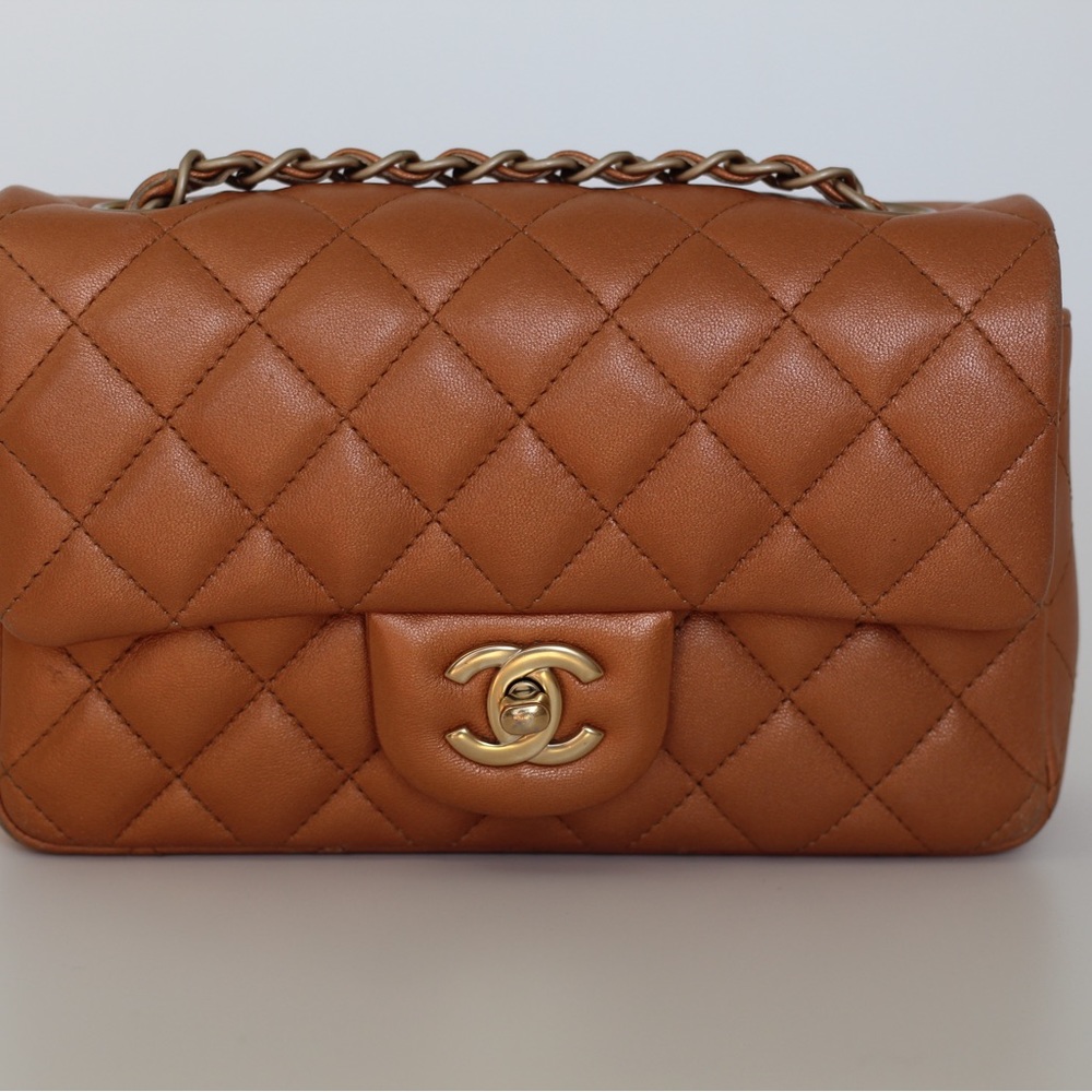 Chanel Classic Single Flap Bag Quilted Lambskin Mini in Metallic Orange preloved